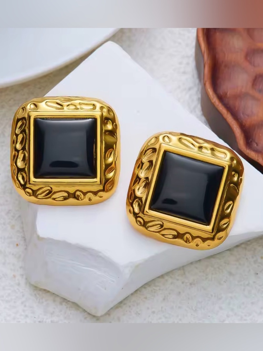 Gold-Tone Black Square Statement Earrings - Stainless Steel